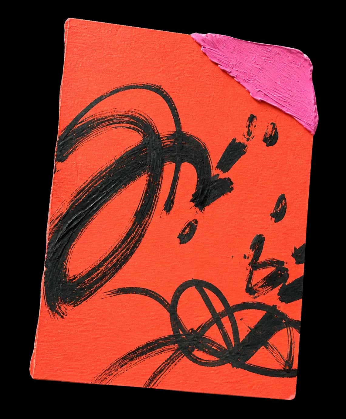 A torn coral paper note with charcoal gestures and a thick hot-pink impasto stroke.