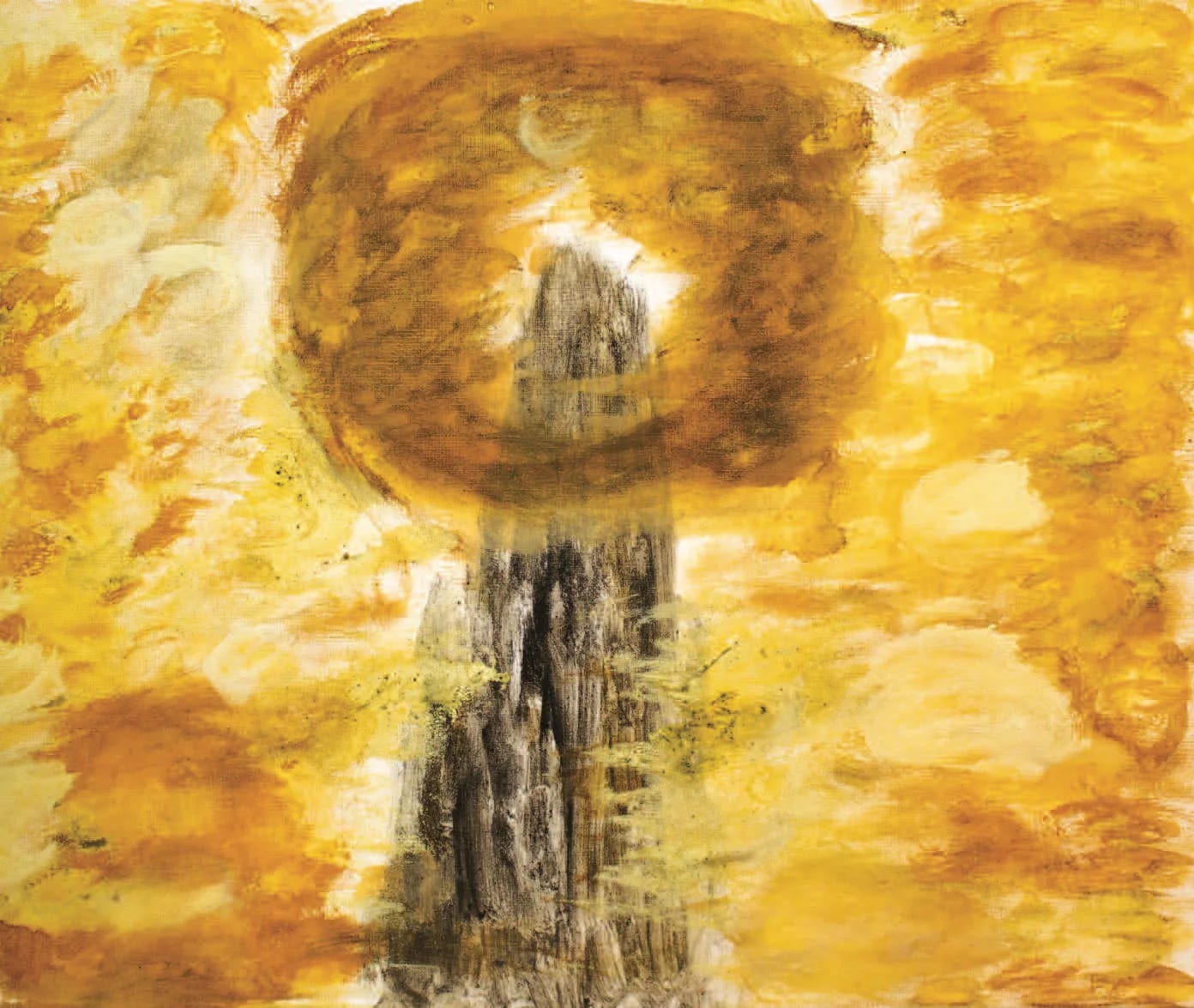 An amber painting in which a dark mountain form rises through a field of yellow.