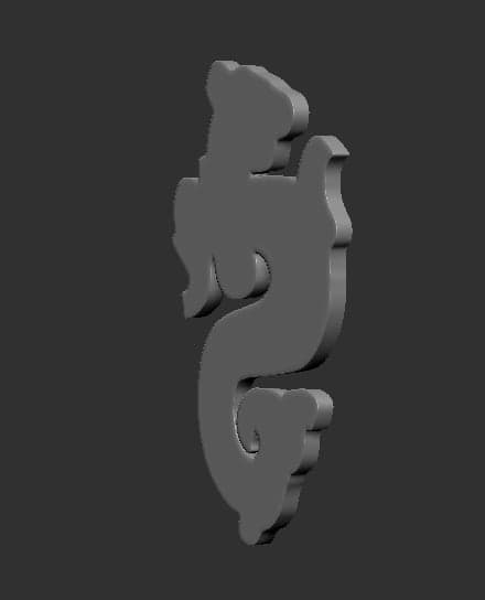 Oblique model study showing the depth and curved edge of the key-form sculpture.