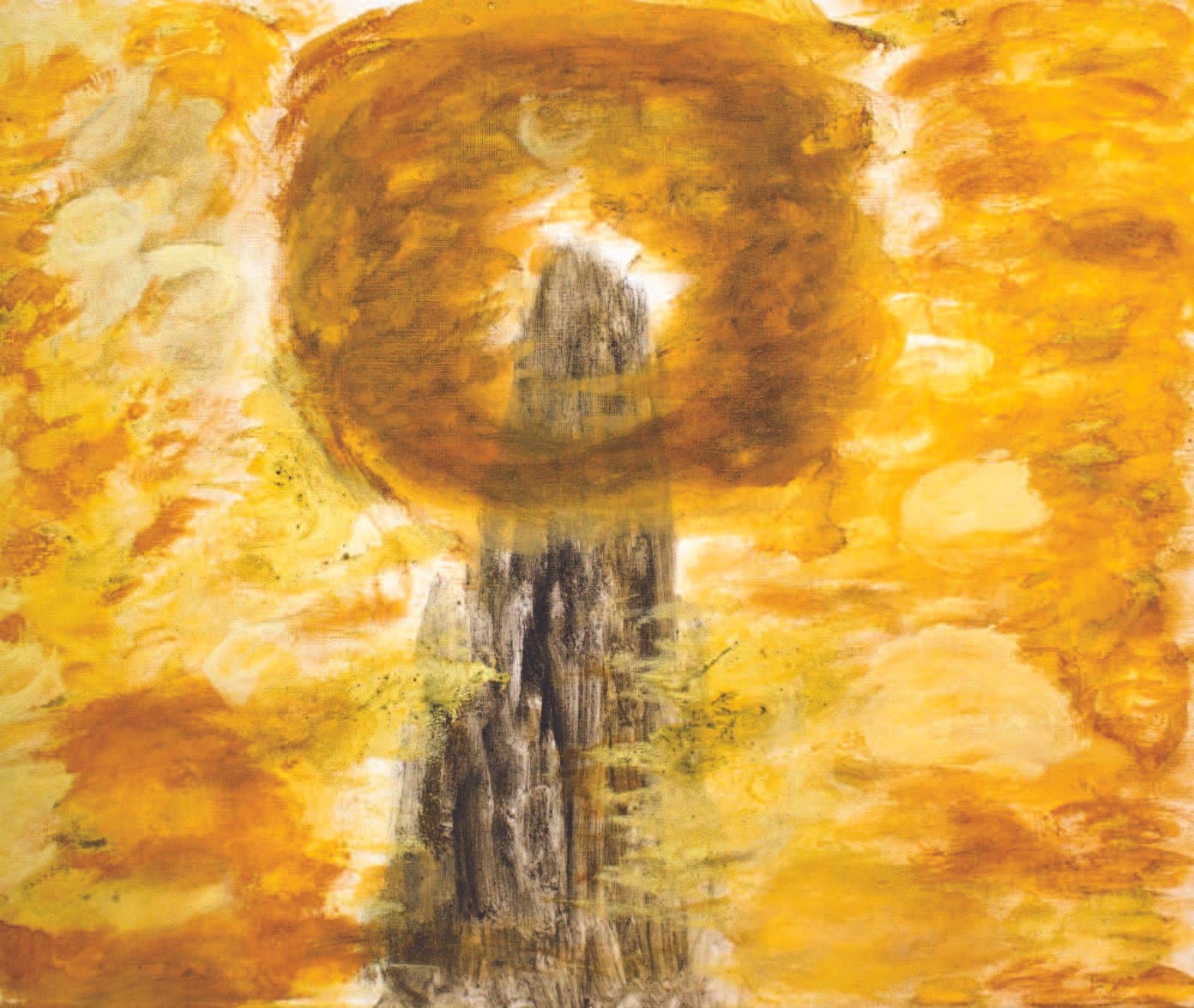 Abstract mountain peak painted with sulfur dioxide, coal dust, and iron rust on canvas (2022); a dark solitary summit rises into a glowing orange haloed sky, inspired by Du Fu’s line “When I reach the summit, all mountains seem small.” 2022 年作,二氧化硫、煤炭、铁锈红油画布;一座孤峰直指橙黄天空,环绕光晕,呼应杜甫“会当凌绝顶,一览众山小”。