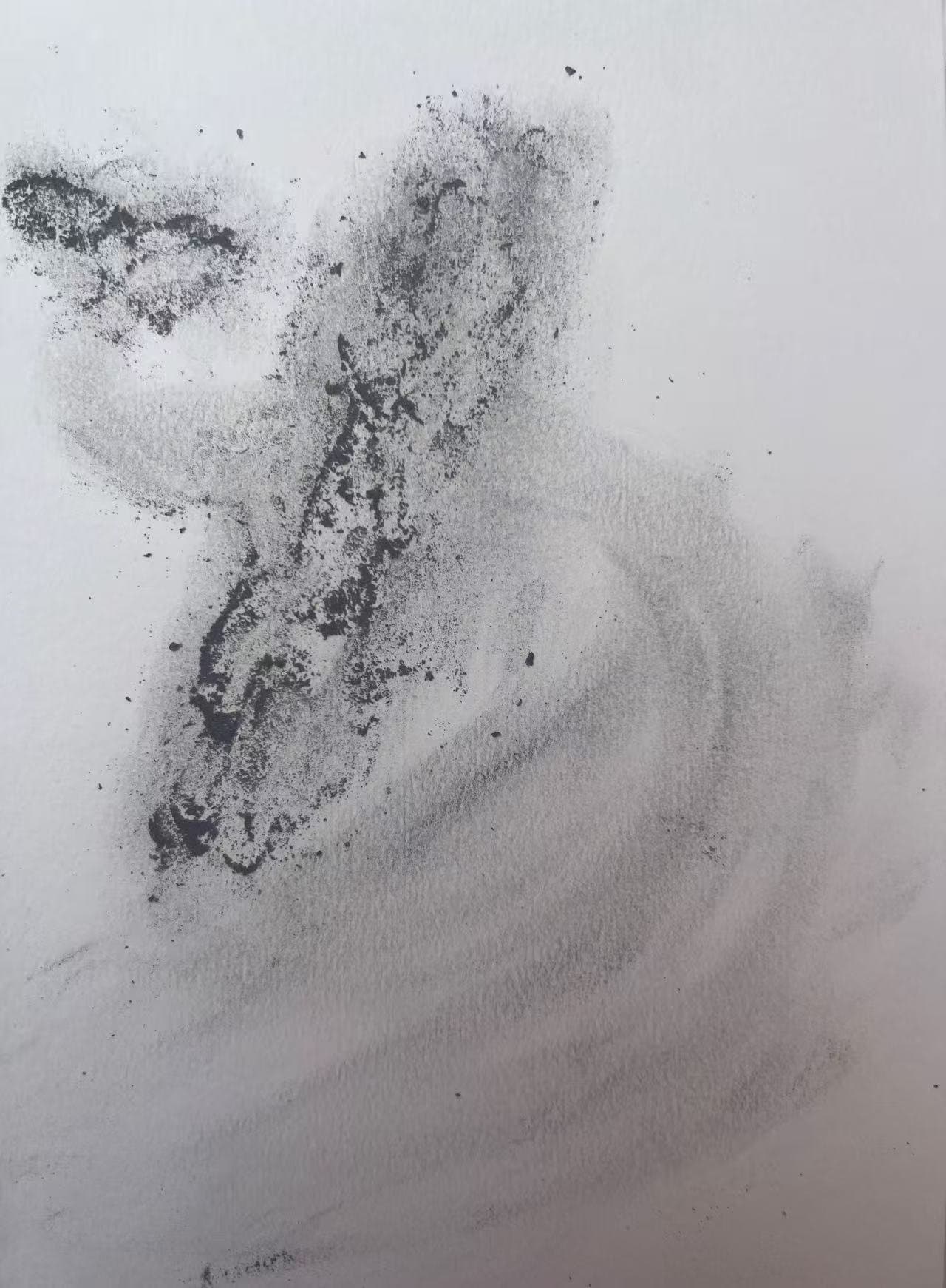 Cigar ash drawing depicting a coiling dragon, ephemeral and gestural, like smoke suspended over a mountain peak.