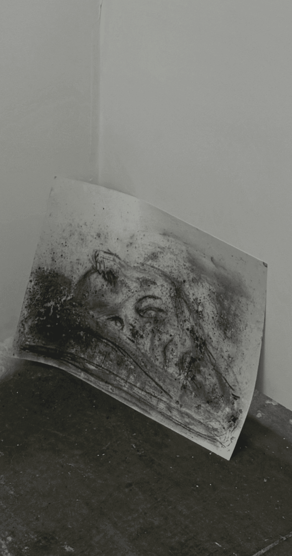 Installation-photo of a coal drawing of a fragmented head, placed low and vulnerable in a corner, referencing Shelley’s Ozymandias.