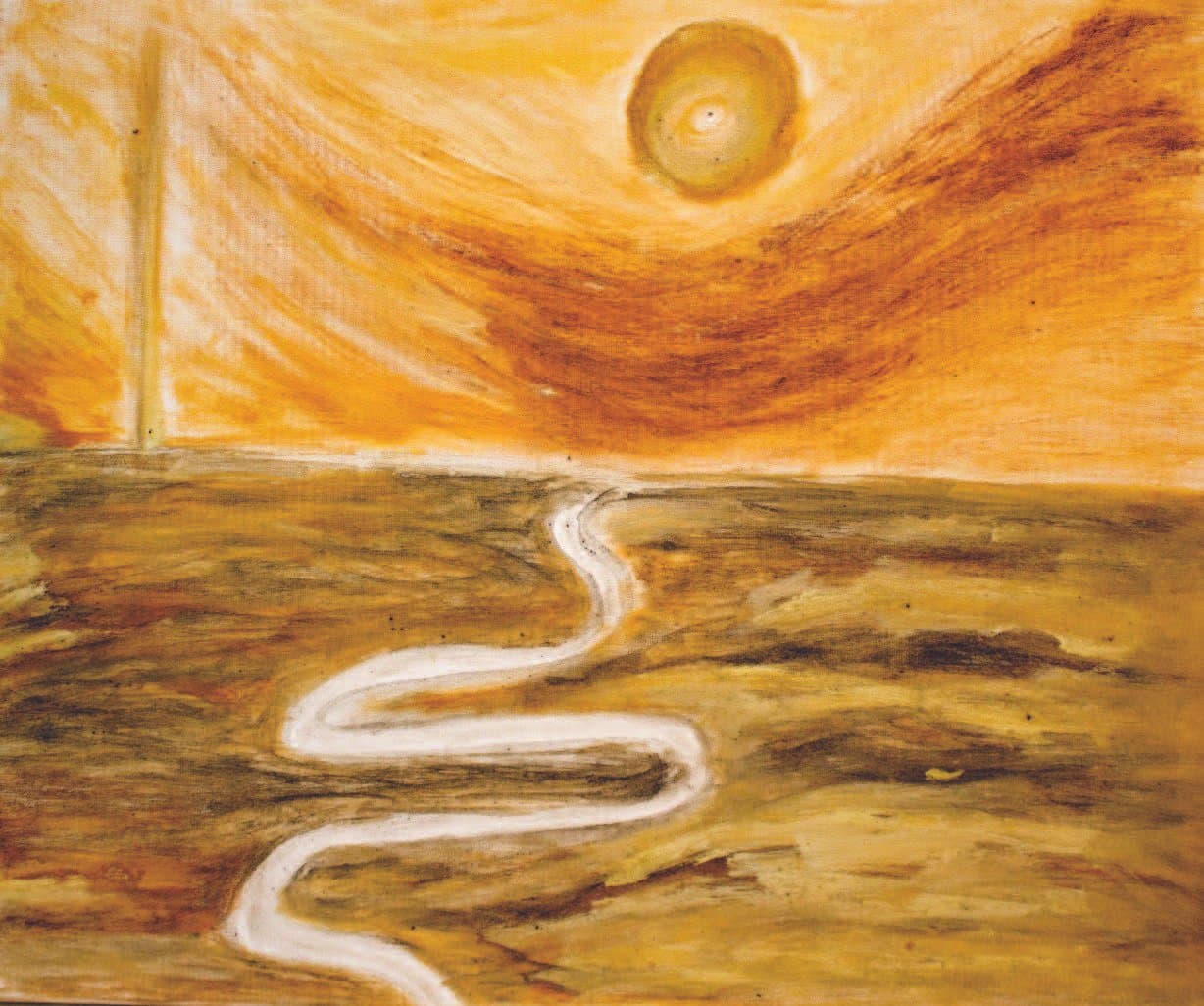 Abstract landscape with a winding white line leading to a round setting sun over a long river; sulfur dioxide, coal dust, and iron rust on canvas, 2022; after Wang Zhihuan’s “long river, setting sun round.” 2022 年作,二氧化硫、煤炭、铁锈红油画布;蜿蜒白线通向圆日与长河,取意王之涣“长河落日圆”。