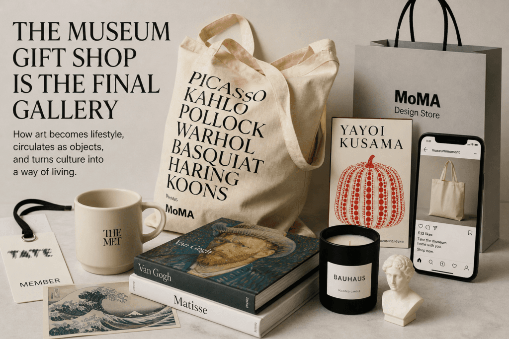 A curated museum gift shop still life with art books, a tote bag, postcards, a mug, design objects, and a receipt, showing how museum culture becomes portable through retail objects.