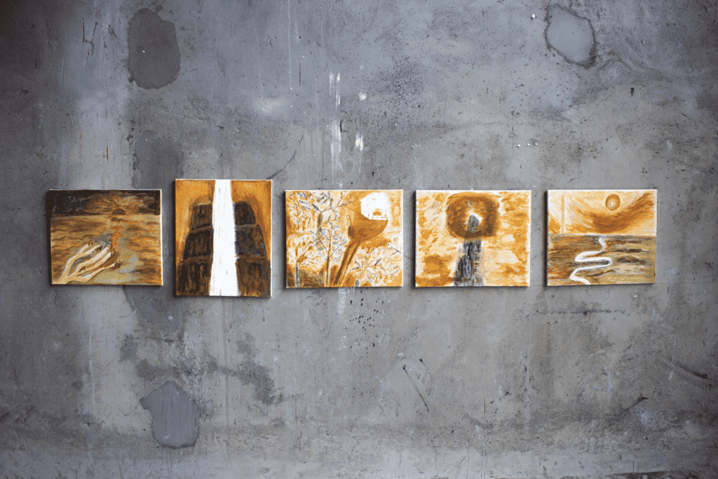 Five-panel painting series by Scarlett Guan (2022), made with coal dust, iron rust, and sulfur dioxide on canvas, installed against a concrete wall; each panel visualizes a different classical Chinese poem. 2022