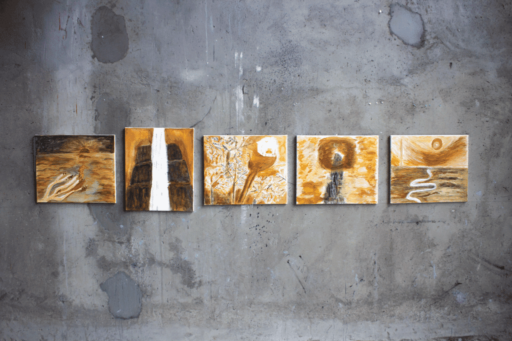 Five-panel painting series by Scarlett Guan (2022), made with coal dust, iron rust, and sulfur dioxide on canvas, installed against a concrete wall; each panel visualizes a different classical Chinese poem. 2022