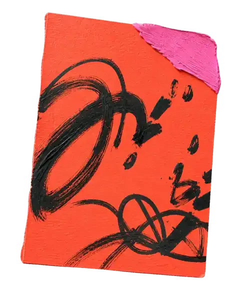 A torn coral paper note with charcoal gestures and a thick hot-pink impasto stroke.
