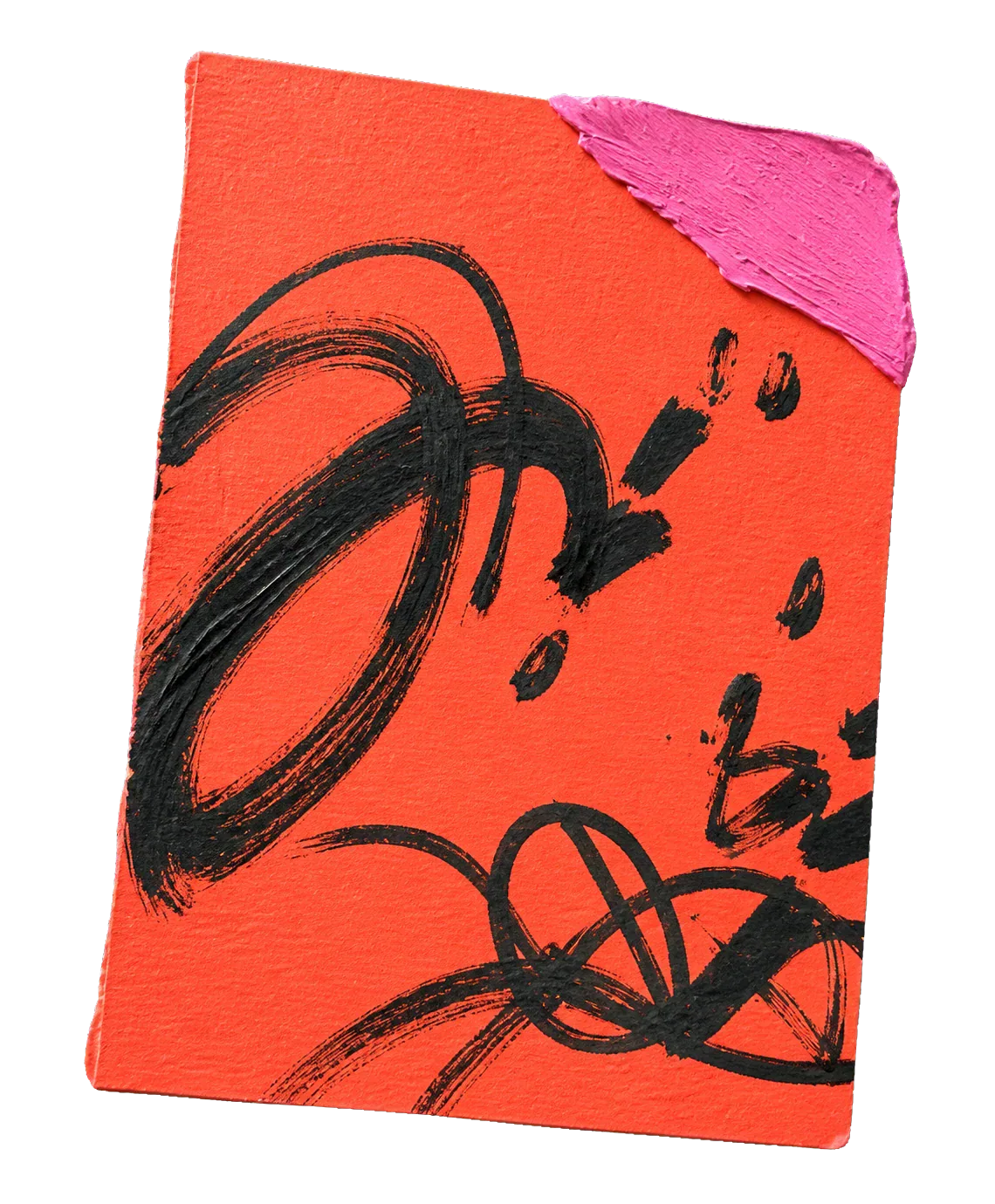 A torn coral paper note with charcoal gestures and a thick hot-pink impasto stroke.