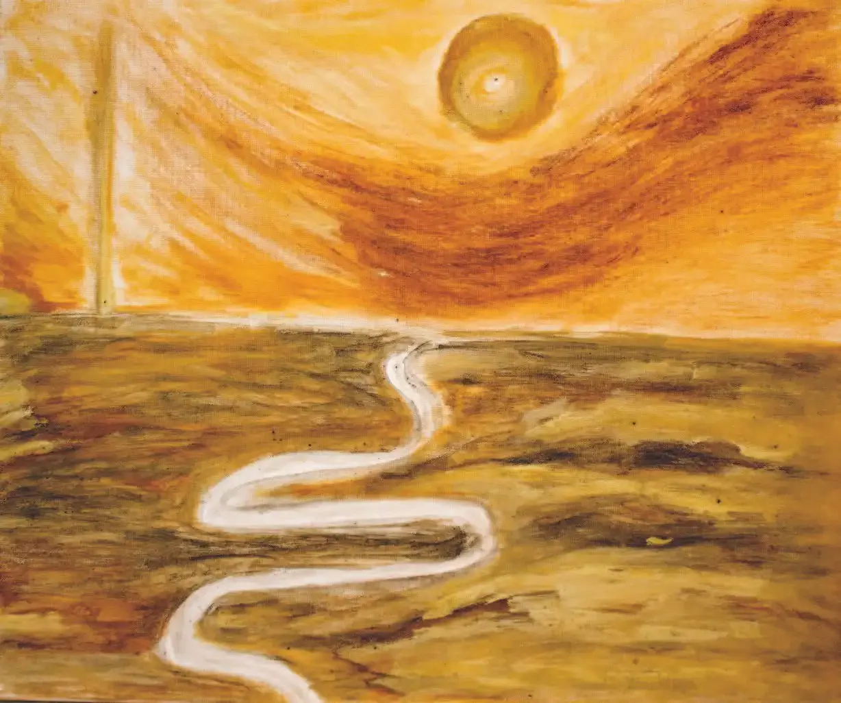 Abstract landscape with a winding white line leading to a round setting sun over a long river; sulfur dioxide, coal dust, and iron rust on canvas, 2022; after Wang Zhihuan’s “long river, setting sun round.” 2022