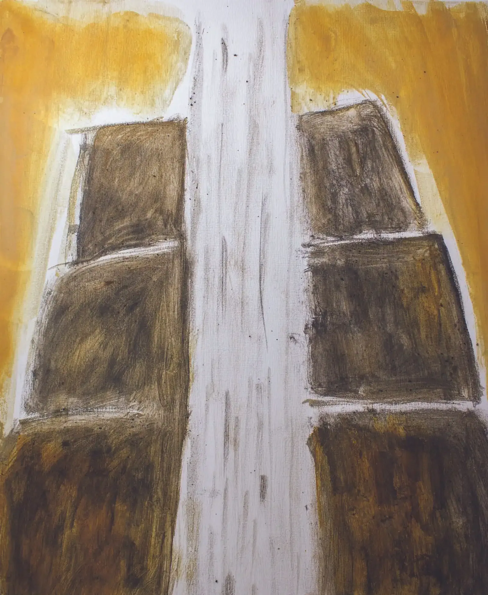 Vertical abstract in sulfur dioxide, coal dust, and iron rust on canvas (2022): diluted black pigments cascade like a waterfall; evokes Li Bai’s “Viewing the Waterfall at Mount Lu.” 2022