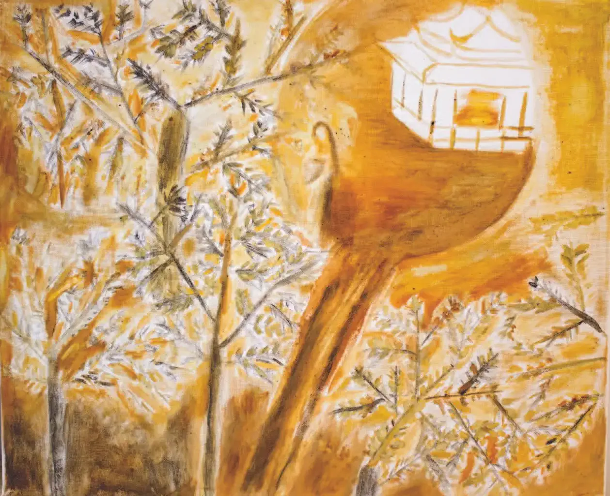 Pavilion amid branches painted with sulfur dioxide, coal dust, and iron rust on canvas — inspired by Lin Bu’s line “Sparse shadows slant across the clear shallows; faint fragrance drifts at dusk.”