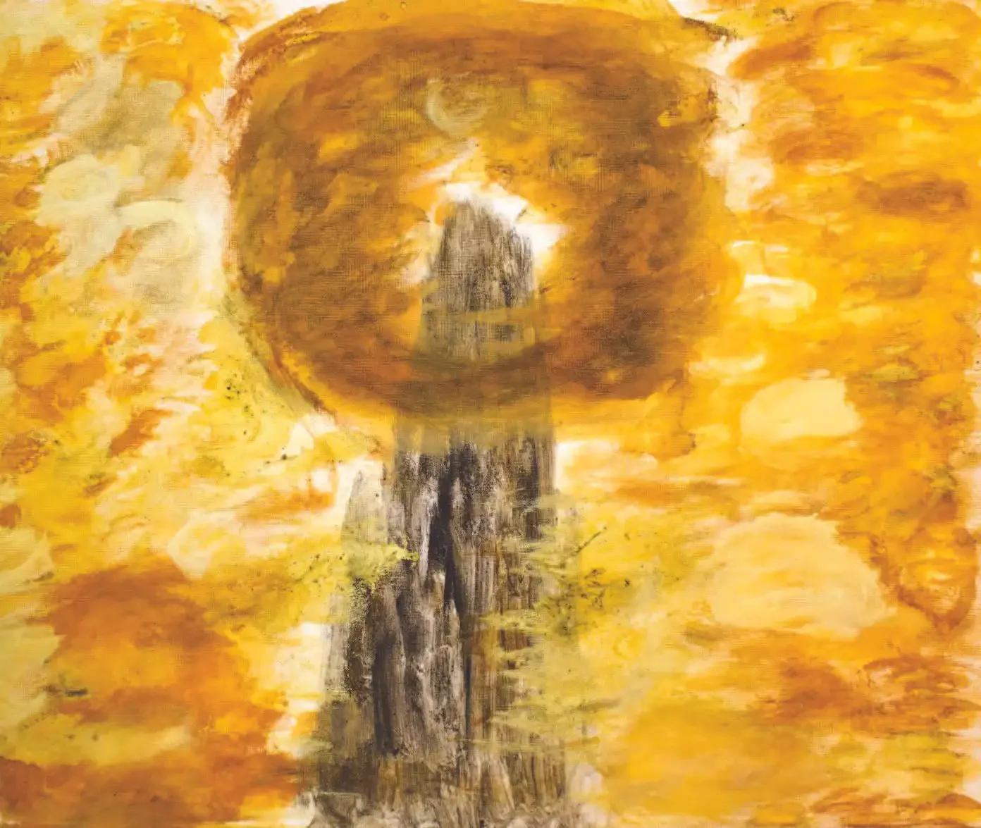 Abstract mountain peak painted with sulfur dioxide, coal dust, and iron rust on canvas (2022); a dark solitary summit rises into a glowing orange haloed sky, inspired by Du Fu’s line “When I reach the summit, all mountains seem small.” 2022