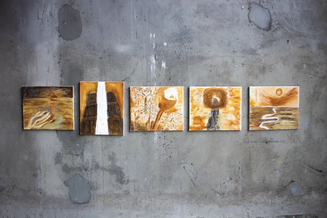Five-panel painting series by Scarlett Guan (2022), made with coal dust, iron rust, and sulfur dioxide on canvas, installed against a concrete wall; each panel visualizes a different classical Chinese poem. 2022