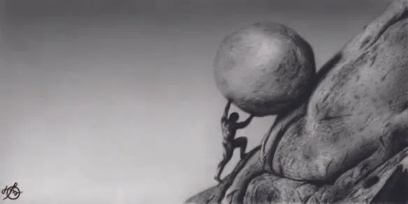 Mythical figure pushing a boulder uphill.