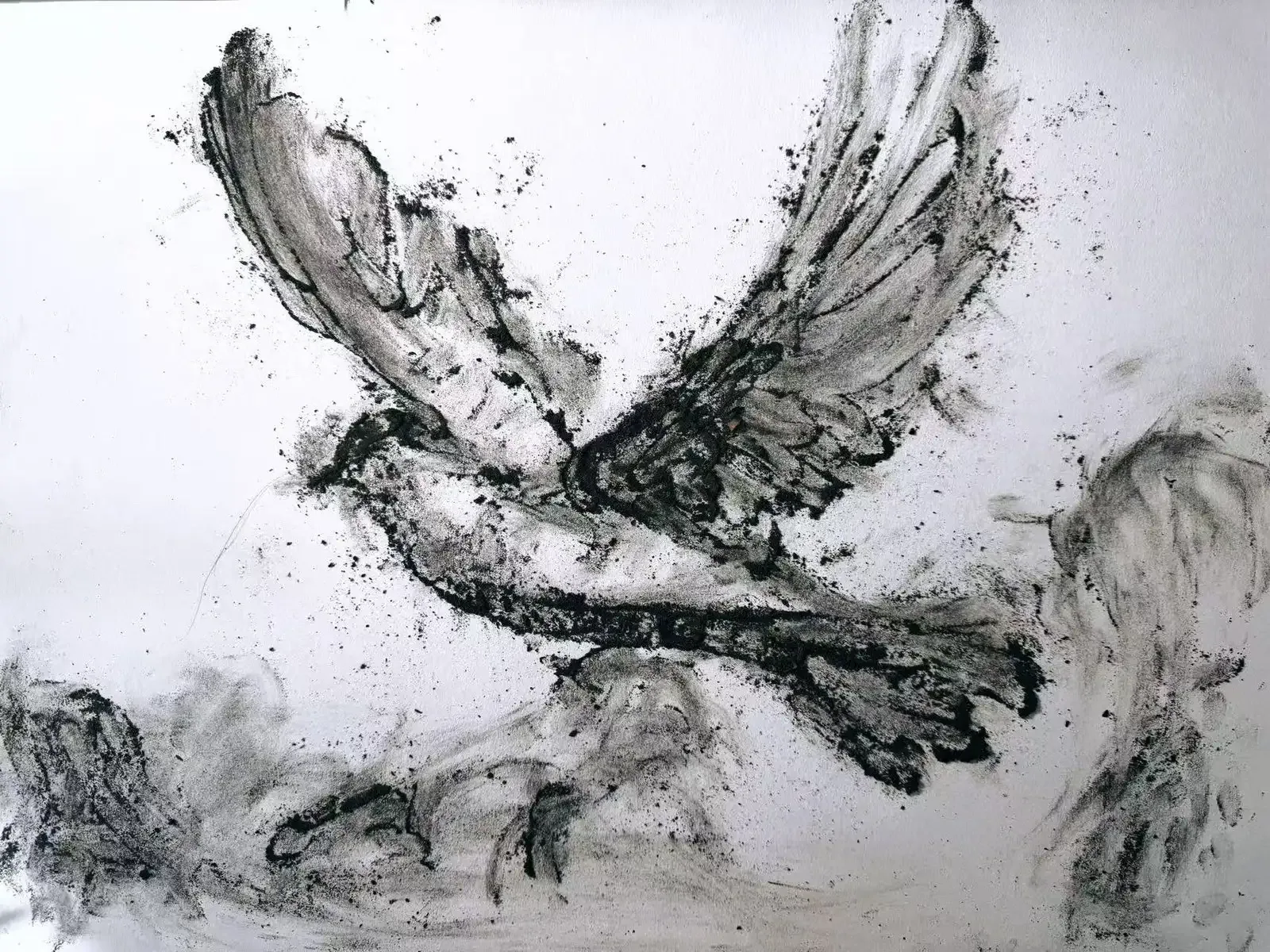 EN: Close-up of a bird drawn with cigar ash, wings spread wide as if caught mid-flight, embodying rebellion, freedom, and youthful desire.