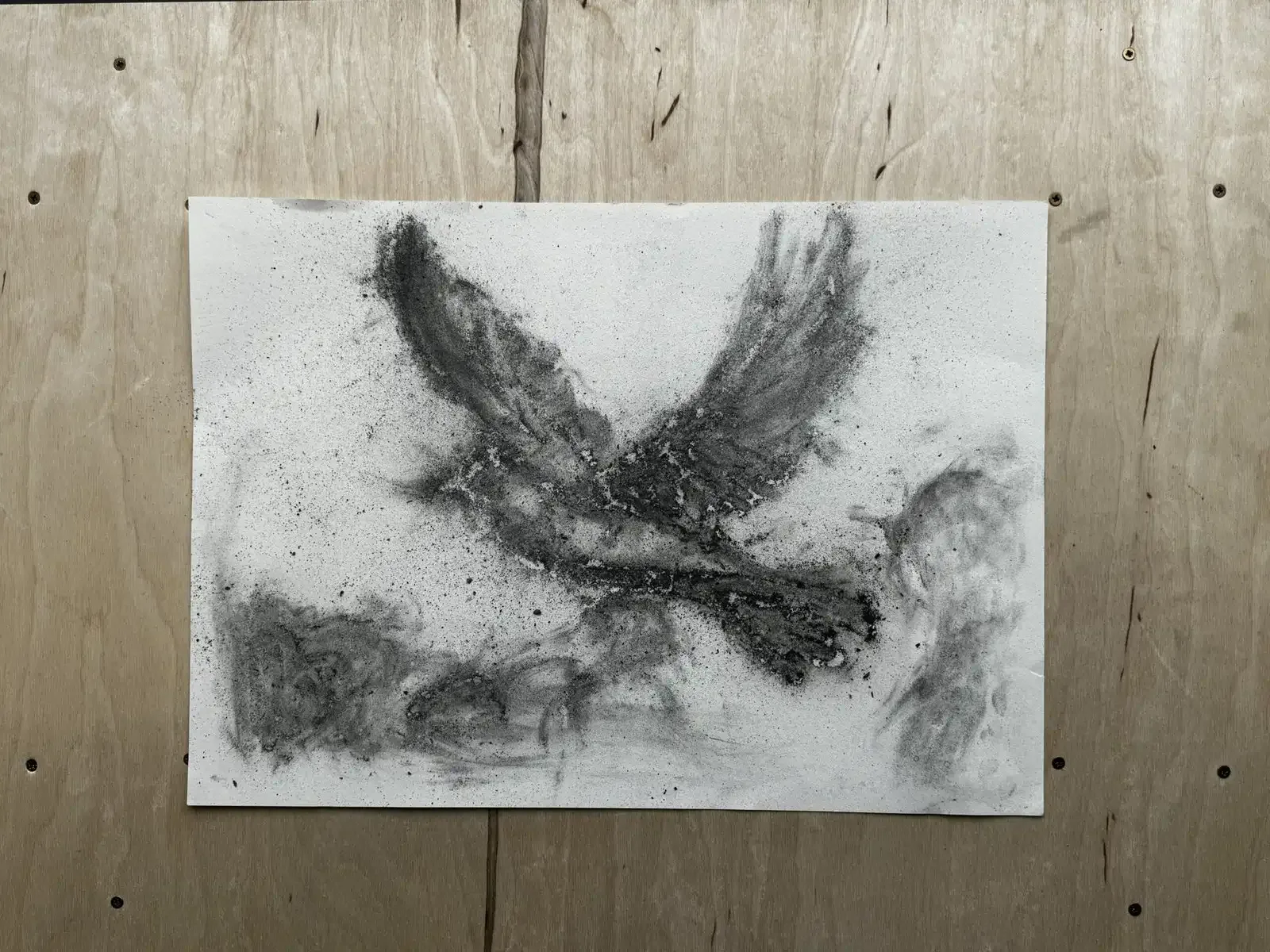 EN: Coal-and-ash bird drawing faded and flaked over time, leaving a ghostly silhouette on paper.
