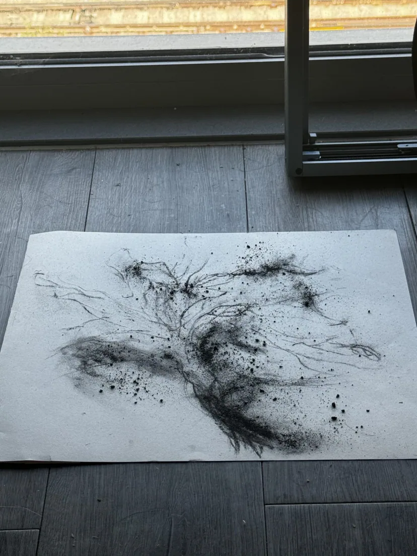 EN: Experimental coal dust drawing resembling the explosive moment of a flower blooming.