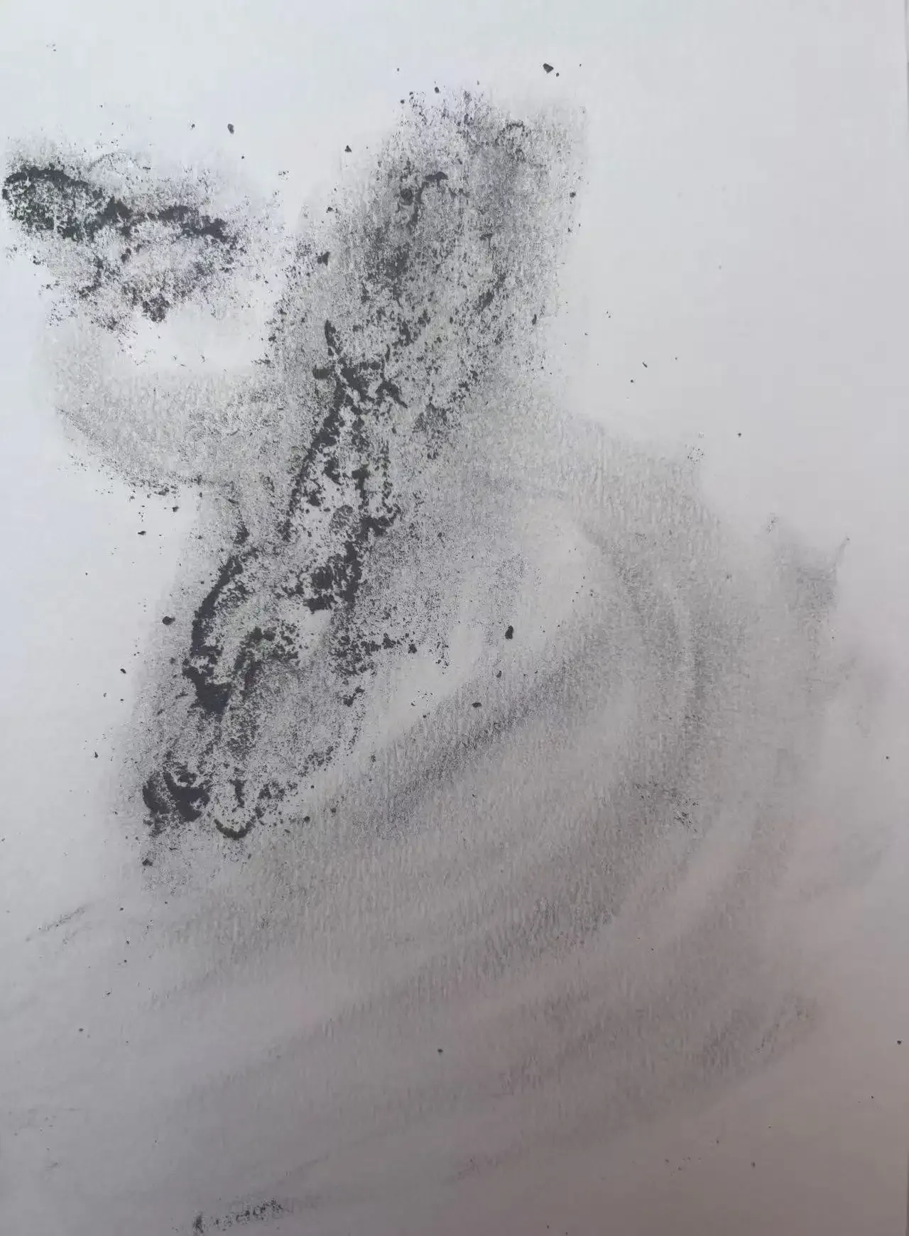 Cigar ash drawing depicting a coiling dragon, ephemeral and gestural, like smoke suspended over a mountain peak.