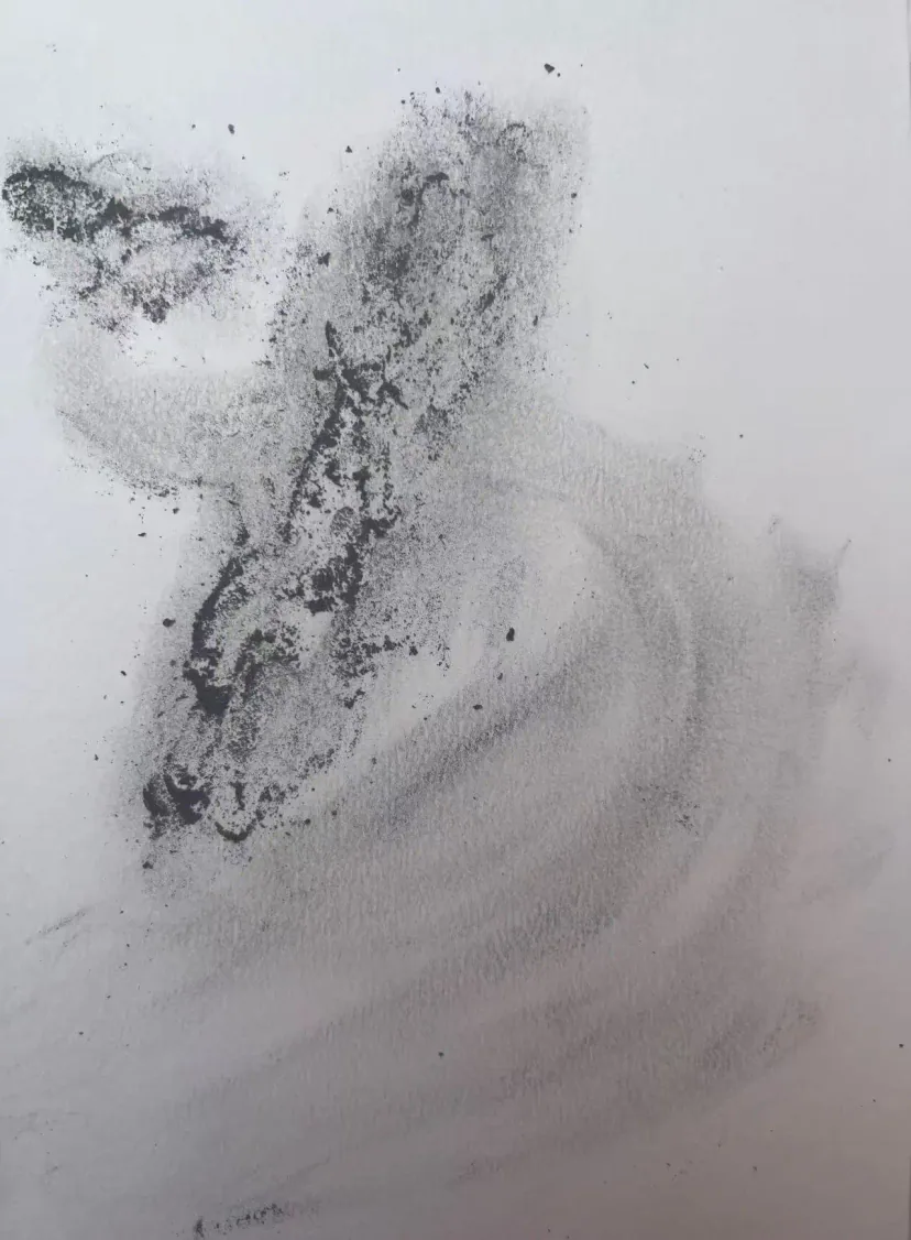 Cigar ash drawing depicting a coiling dragon, ephemeral and gestural, like smoke suspended over a mountain peak.