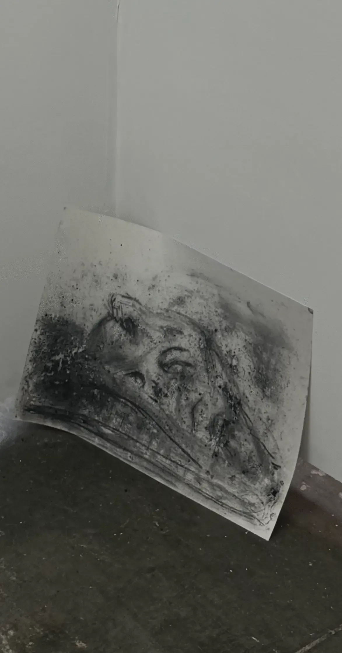 Installation-photo of a coal drawing of a fragmented head, placed low and vulnerable in a corner, referencing Shelley’s Ozymandias.