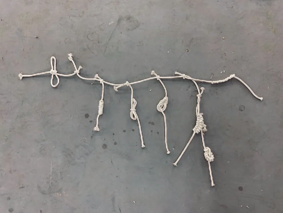 Series of white cotton knots forming a linear time code.
