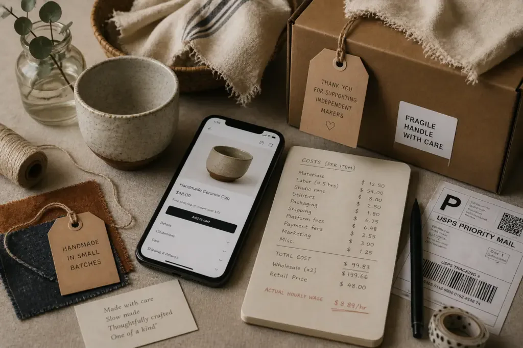 A warm still life of a handmade ceramic cup, woven textiles, packaging materials, shipping labels, a smartphone product page, and a handwritten cost breakdown showing the hidden labor behind handmade goods