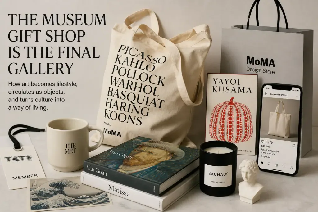 A curated museum gift shop still life with art books, a tote bag, postcards, a mug, design objects, and a receipt, showing how museum culture becomes portable through retail objects.