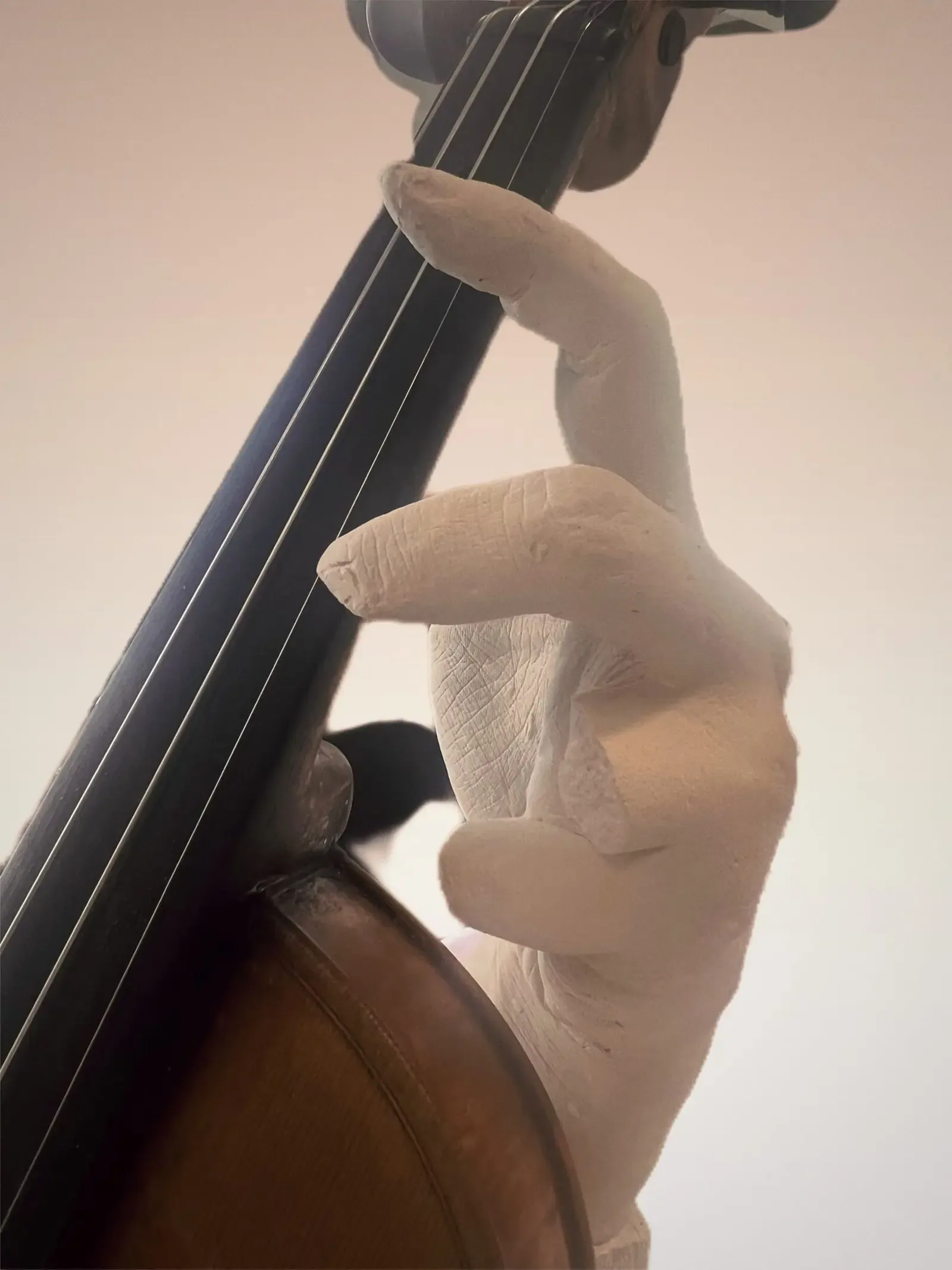 Close view of a pale sculptural hand pressing the violin fingerboard.