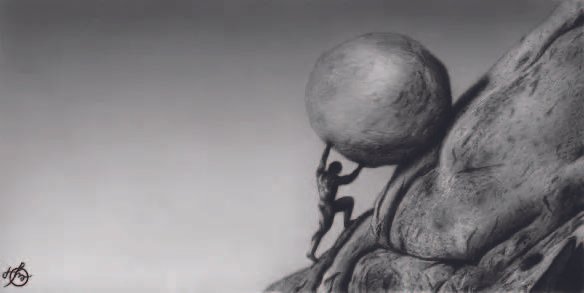 Mythical figure pushing a boulder uphill. 神话人物推巨石上山。