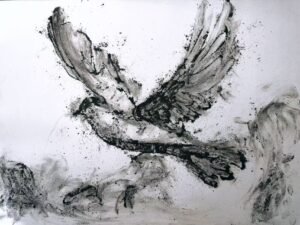 EN: Close-up of a bird drawn with cigar ash, wings spread wide as if caught mid-flight, embodying rebellion, freedom, and youthful desire. CN: 用雪茄烟灰绘制的飞鸟特写，双翼张开仿佛定格在飞行瞬间，象征叛逆、自由与青春的欲望。