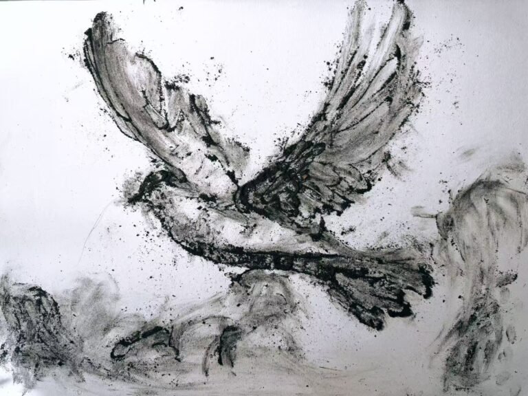 EN: Close-up of a bird drawn with cigar ash, wings spread wide as if caught mid-flight, embodying rebellion, freedom, and youthful desire. CN: 用雪茄烟灰绘制的飞鸟特写,双翼张开仿佛定格在飞行瞬间,象征叛逆、自由与青春的欲望。