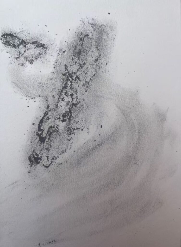 Cigar ash drawing depicting a coiling dragon, ephemeral and gestural, like smoke suspended over a mountain peak.