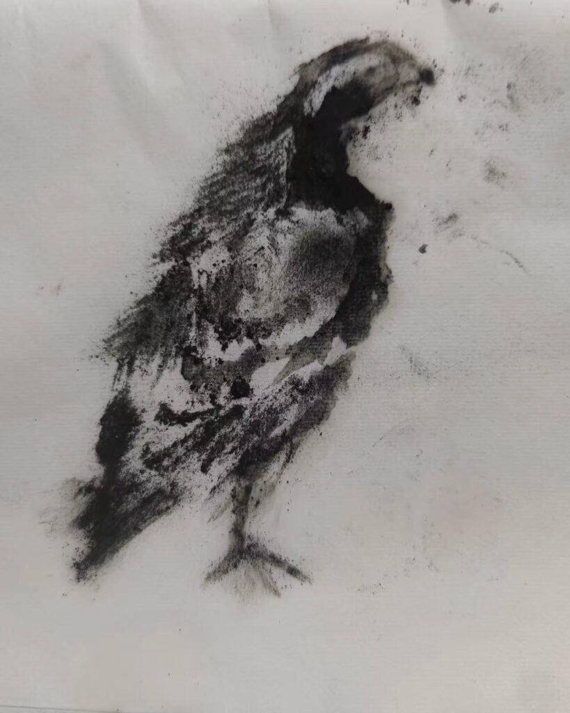 EN: Coal dust drawing of a bird, inspired by traditional Chinese literati painting, expressing a longing for freedom. CN: 煤粉绘制的鸟,灵感来自中国古代文人画,传达对自由的向往。