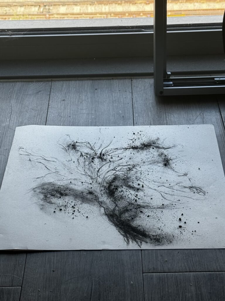 EN: Experimental coal dust drawing resembling the explosive moment of a flower blooming. CN: 煤粉实验性绘画,仿佛捕捉花朵绽放的爆裂瞬间。