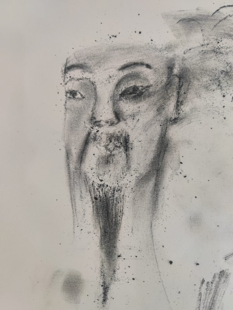 Coal-dust portrait of Tang Xianzu, Chinese playwright from Jiangxi, drawn on rice paper, combining literary heritage with material memory.