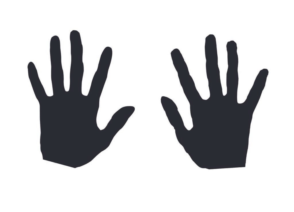 Vectorized silhouette of two hands, created from the artist’s own palm prints, later used as the template for stone carving.