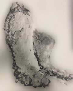 Abstract drawing made with collected cigar ash, depicting two leg-like forms referencing Shelley’s Ozymandias — a meditation on the fragility of power and memory.