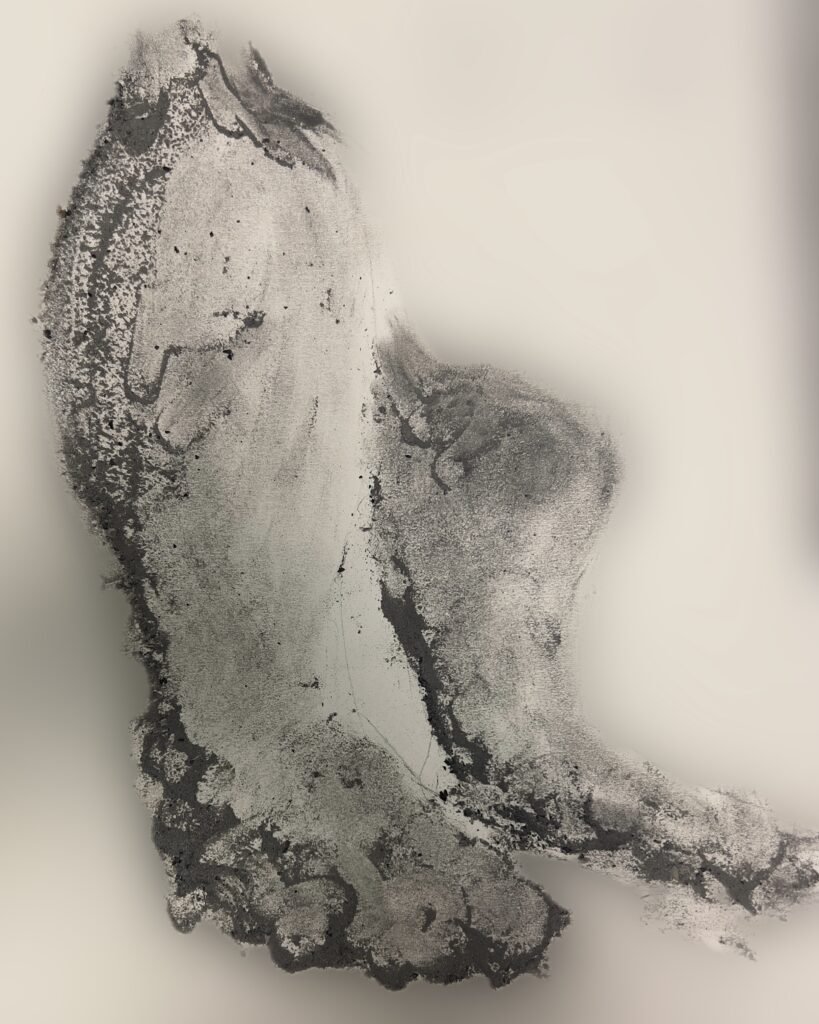 Abstract drawing made with collected cigar ash, depicting two leg-like forms referencing Shelley’s Ozymandias — a meditation on the fragility of power and memory.