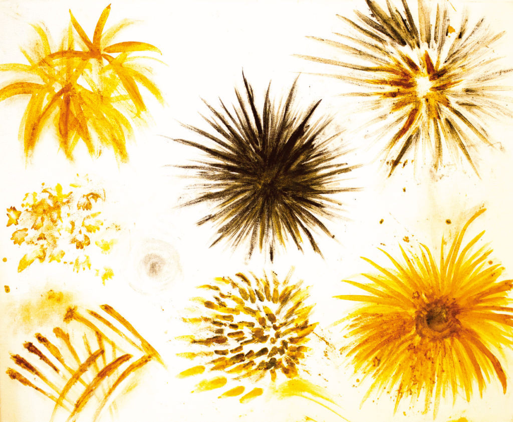 Abstract experiment on canvas using coal dust, yellow ochre, and ferric sulfate, forming radiating organic shapes that anticipate later poetry-painting works.