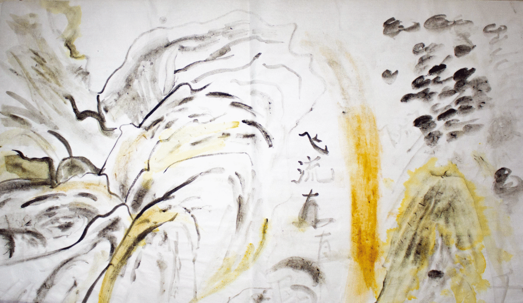 Mixed-media material experiment on xuan paper using coal dust, red earth pigment, and ferric sulfate, exploring reaction, bleeding, and temporal traces.