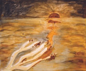 Moonlit sea with rust-colored waves and a pale moon; sulfur dioxide, coal dust, and iron rust on canvas (2022); inspired by Zhang Ruoxu’s “Spring River in the Flower Moonlit Night” (“the spring river enters the old year”). 2022 年作，二氧化硫、煤炭、铁锈红油画布；月光海面与锈色波纹，取意张若虚《春江花月夜》“江春入旧年”。