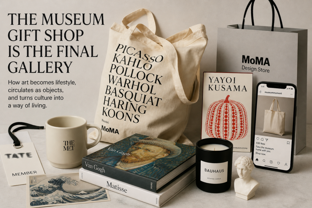 A curated museum gift shop still life with art books, a tote bag, postcards, a mug, design objects, and a receipt, showing how museum culture becomes portable through retail objects.