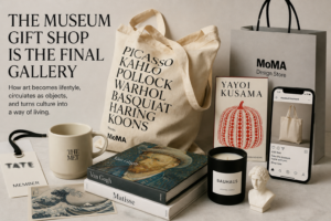 A curated museum gift shop still life with art books, a tote bag, postcards, a mug, design objects, and a receipt, showing how museum culture becomes portable through retail objects.