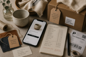 A warm still life of a handmade ceramic cup, woven textiles, packaging materials, shipping labels, a smartphone product page, and a handwritten cost breakdown showing the hidden labor behind handmade goods